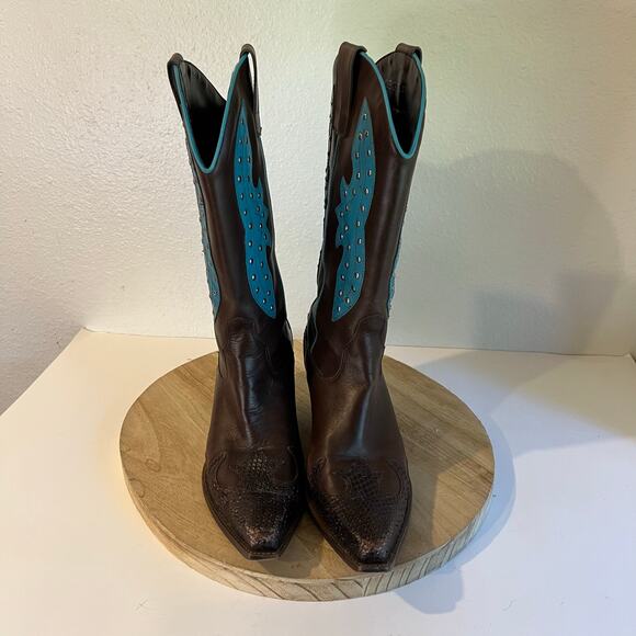 BCBG Y2K Brown Genuine Leather Studded Western Turquoise Boots Size 8.5 - Picture 2 of 16